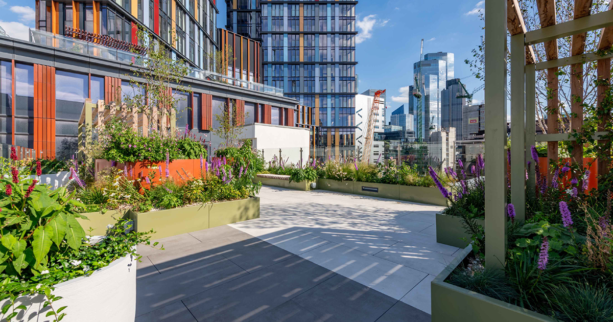 roof top terrace with a view of city in the background. Green and orange coloured raised planter edging filled with dense shrubs and plants. Floor is stone slabs.