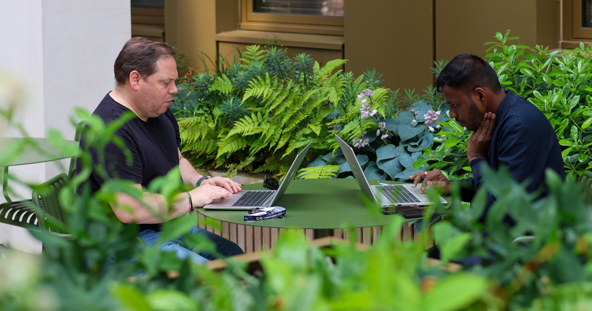 Two men sitting at a table working on laptop computers. Table is surrounded by lush green planting.