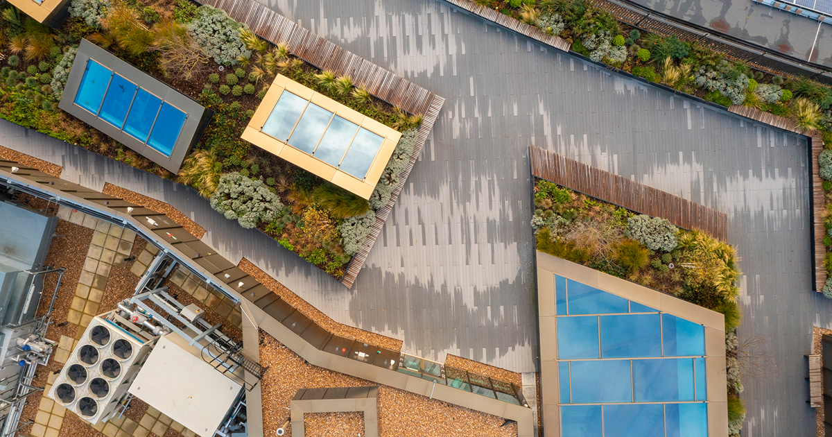 Aerial image of a city landscape highlighting green roofs that enhance the urban setting with greenery.